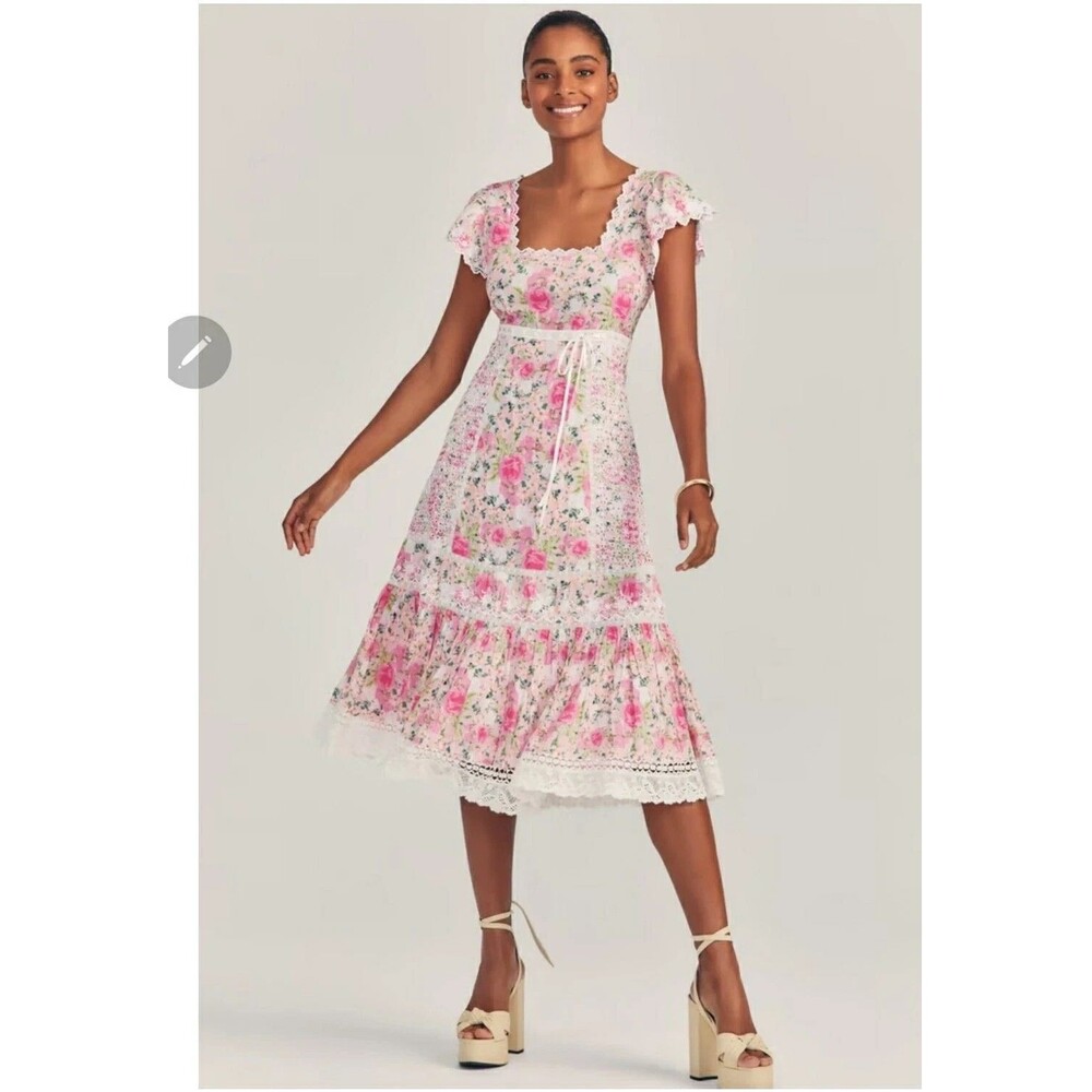 LoveShackFancy Charles Midi Dress in Magenta Flower Fields Size 8 Pink Roses
